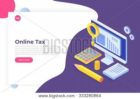 Pay Tax Online Isometric Concept. Accountant Workspace Elements. Vectorr Illustration