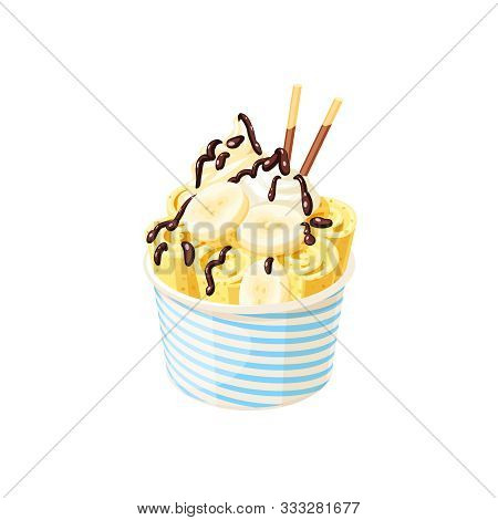 Basket Of Stir Fried Yellow Ice Cream Banana Rolls Under Chocolate Topping And Whipped Cream Decorat