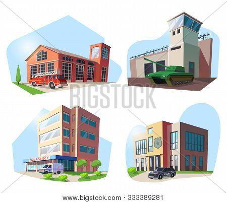 Set Of Isolated Municipal Buildings. Firehouse Or Fire House, Hospital And Police Department, Milita