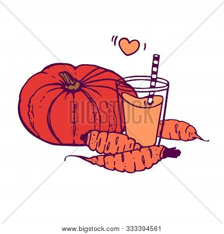 Pumpkin And Carrot Juice Or Smoothie With A Whole Pumpkin And 3 Carrots. Hand-drawn In Cartoon Style