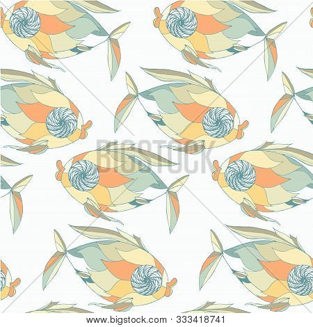 Fish Seamless Pattern. Cartoons Hand Drawn Colorful Stock Vector Illustration For Web, For Print, Fo