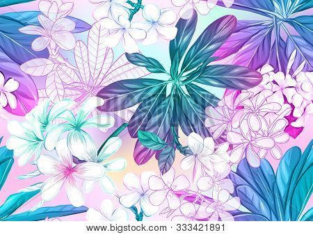 Tropical Plants And Flowers. Seamless Pattern, Background. Colored And Outline Design. Vector Illust