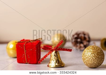 Christmas Round Frame Composition On Gray Background. Top View. Christmas Concept
