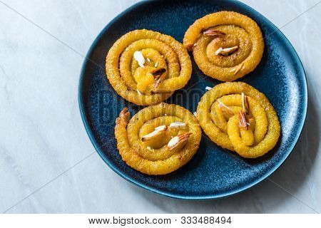 Jalebi Or Jilbi Or Imarati, Indian Sweet Food Fried In Pure Ghee Gujarat Crispy Fafda.