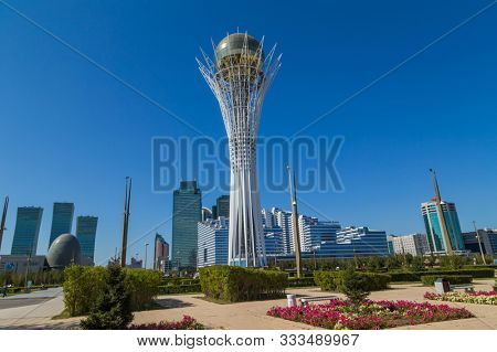 Nur-Sultan, Kazakhstan - April 24, 2019 - View of Baiterek Tower with its golden sphere in Nur-Sultan (Astana) 