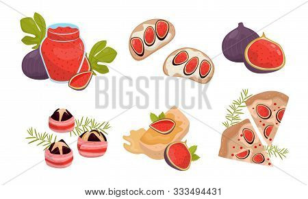 Exotic Dishes And Desserts With Figs Vector Illustration Set Isolated On White Background