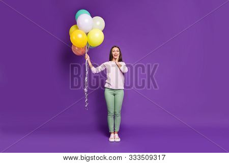 Full Length Body Size Photo Of Excited Cute Cheerful Pretty Sweet Girl Having Received Air Balloons 