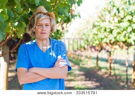Guy Standing With Arms Folded Posing In Vineyard. Young Winegrower In Vine Row. Portrait Of Blond Fa