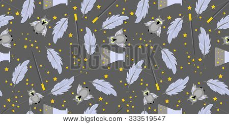 Seamless Pattern Magic And Sorcery. Magic Potion,  Potter Owl And Ink Pen. Hogwarts School..