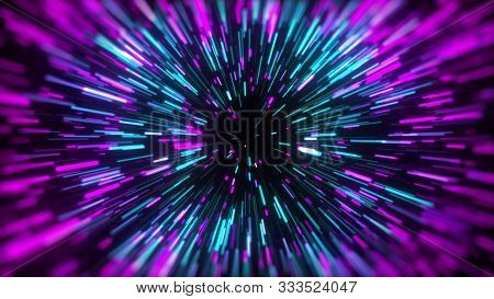 3d Rendering Movement Through Stars. Hyper Jump Into Another Galaxy. Speed Of Light, Neon Glowing Ra