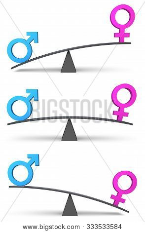 Set Of Three Simple Scales Weighing Blue Male And Pink Female Icons In Balanced And Unbalanced Poses