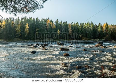 Beautiful Autumn Landscape On River Kymijoki Near The Emperor Alexander Lll Fishing Lodge Langinkosk