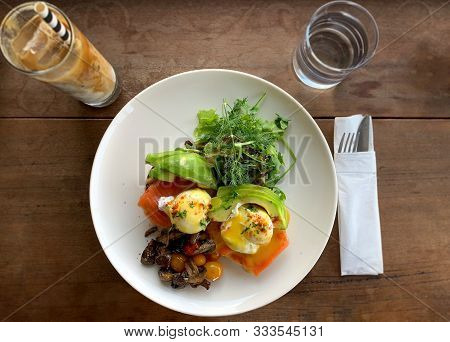 Top View Health Conscious Breakfast Natural Daylight Millennial Brunch Wild Caught Salmon, Farm To F