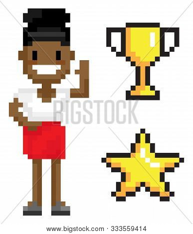 Woman Pixel Character With Symbols Cup And Star, Portrait View Of Smiling Female Wearing Dress Wavin