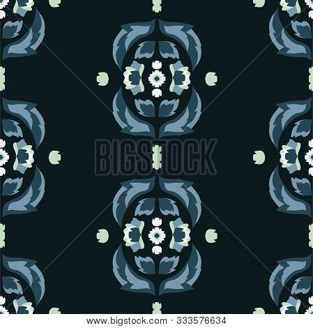 Vector Folklore Rose And Leaves Symmetrical Composition On Deep Blue Seamless Pattern Background.