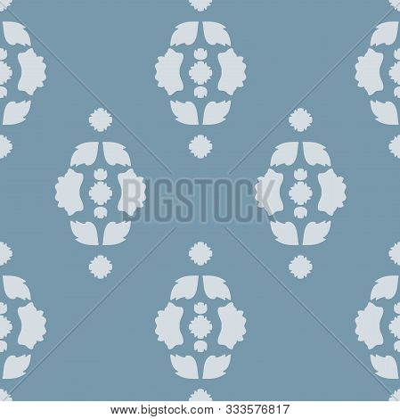 Vector Folklore Rose And Leaves Decor On Blue Seamless Pattern Background.