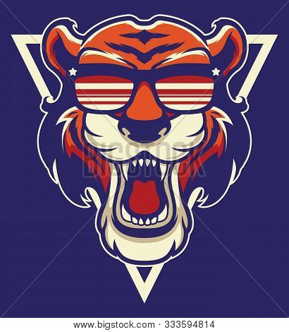 Cool Tiger Mascot. Strong Wildlife Animal Head Isolated On Blue Background. Angry Mammal In Hipster 