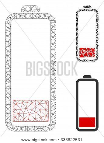 Mesh Low Battery Level Model With Triangle Mosaic Icon. Wire Carcass Polygonal Network Of Low Batter