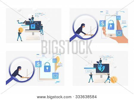 Set Of People Hacking Data. Flat Vector Illustrations Of Hackers Breaking Private Info. Data Protect