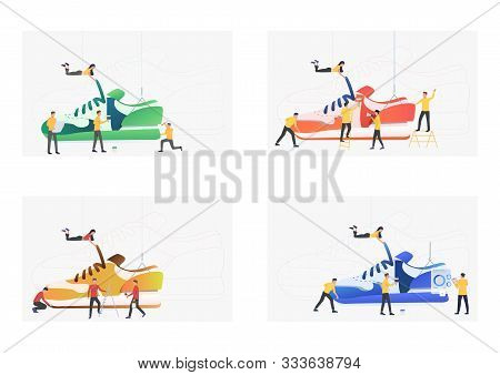 Set Of People Making Shoes. Flat Vector Illustrations Of Designers Creating Trainers. Shoemaking Con