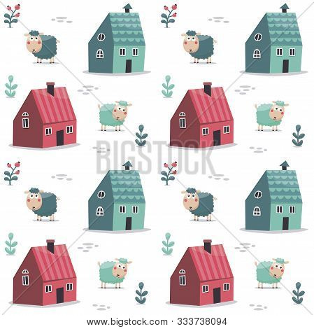 Seamless Cute Scandinavian Pattern With Houses And Trees Winter Snow Sheep