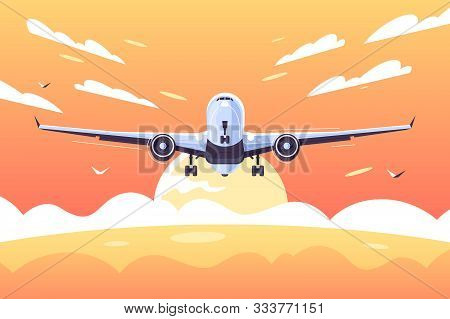 Big Airplane Taking Off With Passengers Vector Illustration. Aircraft Landing With Clouds In The Sky