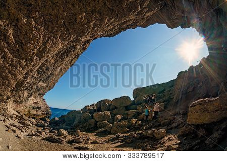 Sudak, Russia - October 12, 2019: Shalyapin Grotto On Golitsyn Path In Noviy Svet. Tourist Attractio