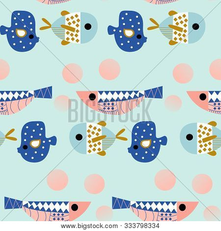Underwater Life  Seamless Pattern With Colotful Fish