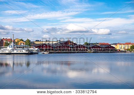 Lulea, Sweden - July 05, 2019: Panorama City, Cathedral Sunny Day, Blue Sky