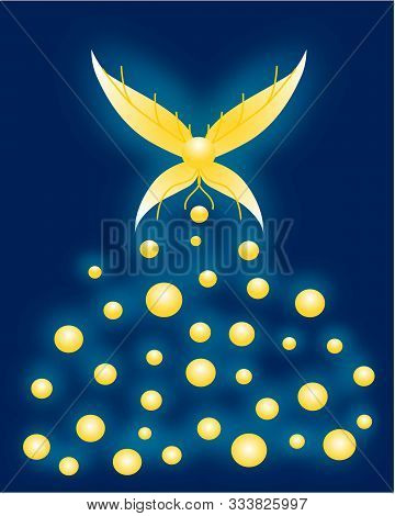 Golden Glowing Yellow Butterfly With Fireflies On A Blue Background.