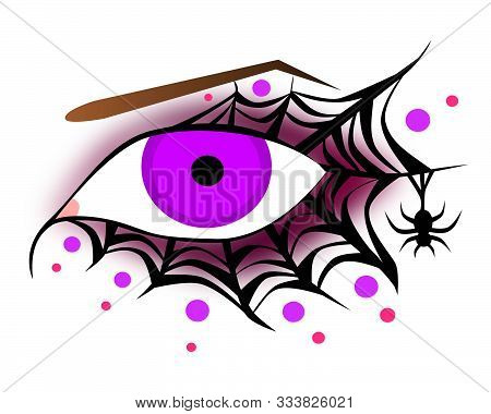 Purple And Black Spiderweb Covered Eye With Hanging Spider And Purple And Pink Decorative Dots.