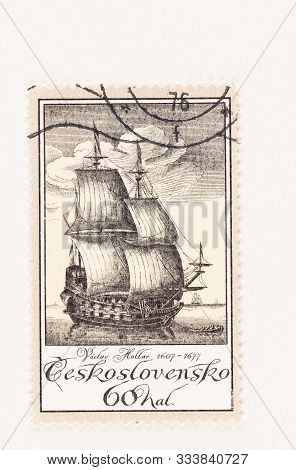 Seattle Washington - October 5, 2019: Vaclav Hollar Tall Ship Engraving On Czechoslovakia Postage St