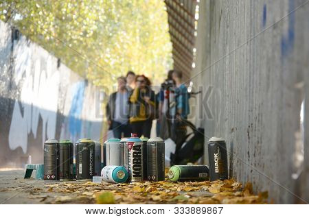 Kharkov, Ukraine - October 19, 2019: Used Spray Cans For Graffiti Painting By Many Paint Brands Outd
