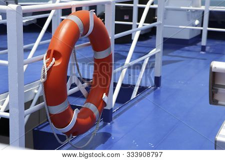 Lifebuoy Rings On Board For Rescuing Passengers. Lifebuoy Rings Mounted On The Boat Ready To Save Th