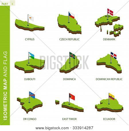 Set Of 9 Isometric Map And Flag, 3d Vector Isometric Shape Of Cyprus, Czech Republic, Denmark, Djibo