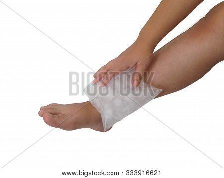 Compression Ankle With Ice On White Background. Isolate Ice Pack On White Background. Cold Compress 
