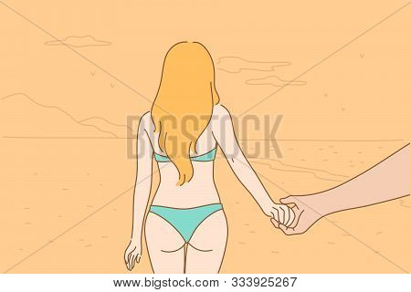 Honeymoon, Family, Love, Travel, Beach Concept. Young Couple In Love, Girl, Boy Teens Meet The Dawn 