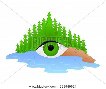 Nature Landscape With Green Trees, Blue Water, And Brown Rocks Featuring A Green Eye.
