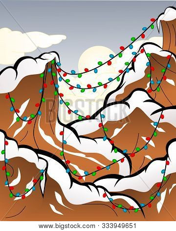 Snowy Mountain Christmas Or Holiday Print With Blue, Green, And Red String Lights.
