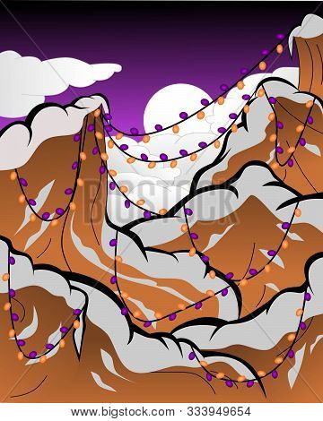 Christmas Halloween Nighttime Landscape Featuring A Snowy Mountain With Purple And Orange String Lig