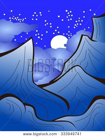 Blue Starry Mountains Landscape. Vertical Piece In Shades Of Blue And Black.