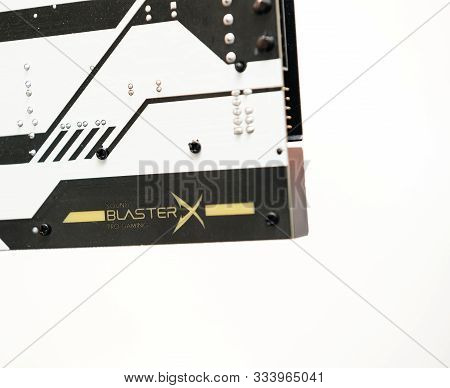 Lyon, France - Aug 9, 2019: Close-up Of Logotype On The Creative Sound Blaster Hi-resolution Pcie Ga