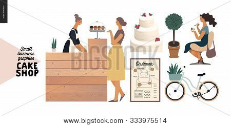 Cake Shop, Cakes On Demand - Small Business Graphics - Baker And Customer -modern Flat Vector Concep