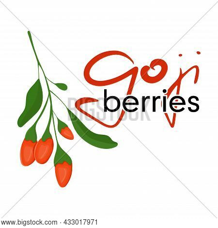 Goji Berries Lettering. Plant Colorful Illustration. Isolated Vector.