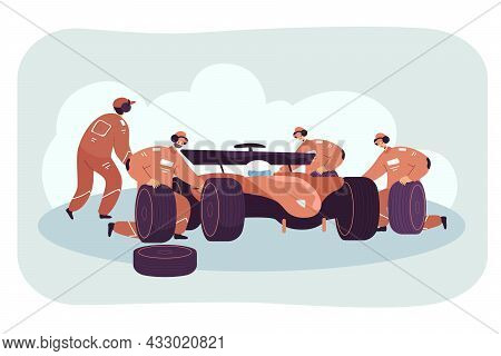 Team Of Mechanics Repairing Race Car On Pit Stop. Racer In Auto, Technicians In Uniform Changing Tir