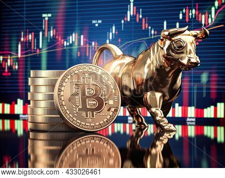 Bitcoin coin with bull and stock chart. Bullish market of BTC. 3d illustration