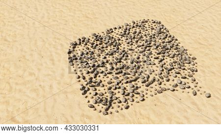 Concept conceptual stones on beach sand handmade symbol shape, golden sandy background, cloud sign. 3d illustration metaphor for communication, online talking, chatting, internet discussion
