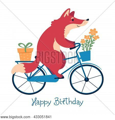 Happy Birthay Card With A Fox On A Bike Carrying A Present And Flowers.