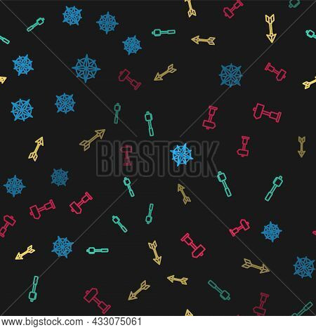 Set Line Wind Rose, Marshmallow On Stick, Hipster Arrow And Road Traffic Signpost On Seamless Patter