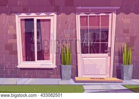 House Facade With Closed Door, Window And Brick Wall In Rain. Vector Cartoon Building Exterior, Home